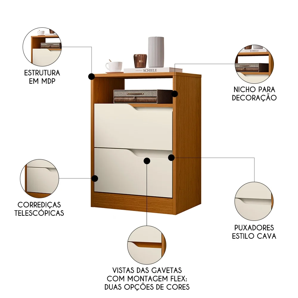 Mesa de Cabeceira com Gavetas Kit 2 Sole Flex Cinamomo/Off - Albatroz