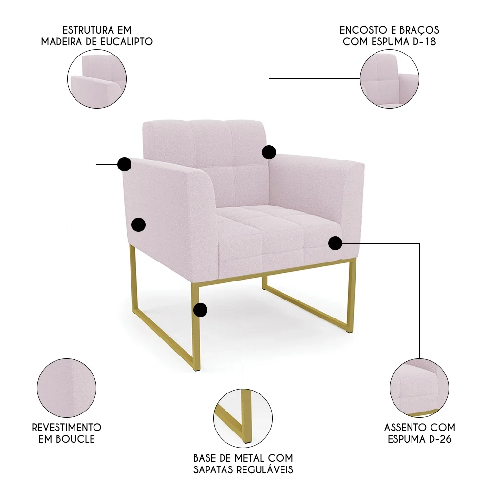 Poltrona Sala Base Industrial Dourado Kit 2 Ana Boucle Rosê - Ibiza