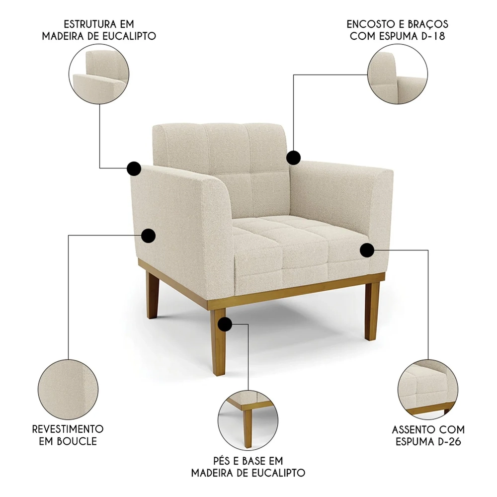 Poltrona Para Sala Base Madeira Castanho Ana Boucle Bege - Ibiza