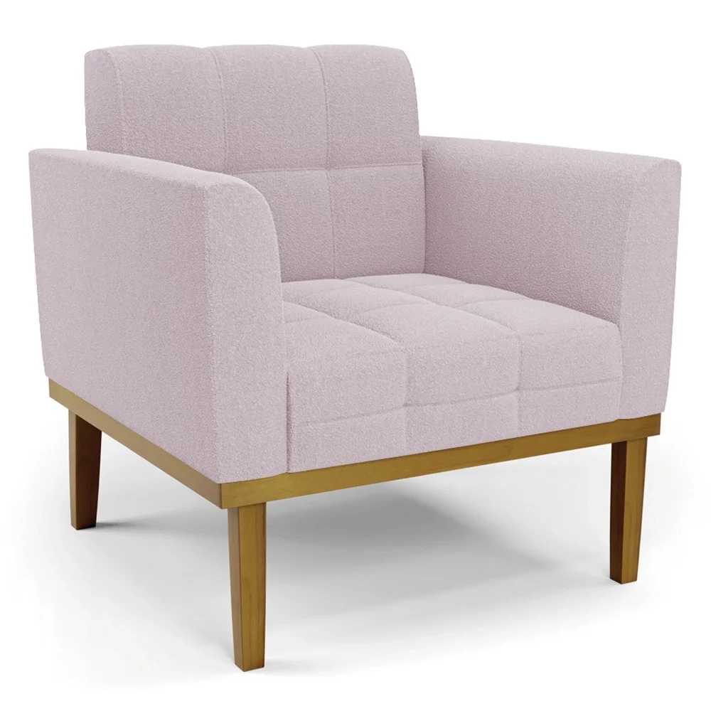 Poltrona Sala Base Madeira Castanho Kit 2 Ana Boucle Rosê - Ibiza