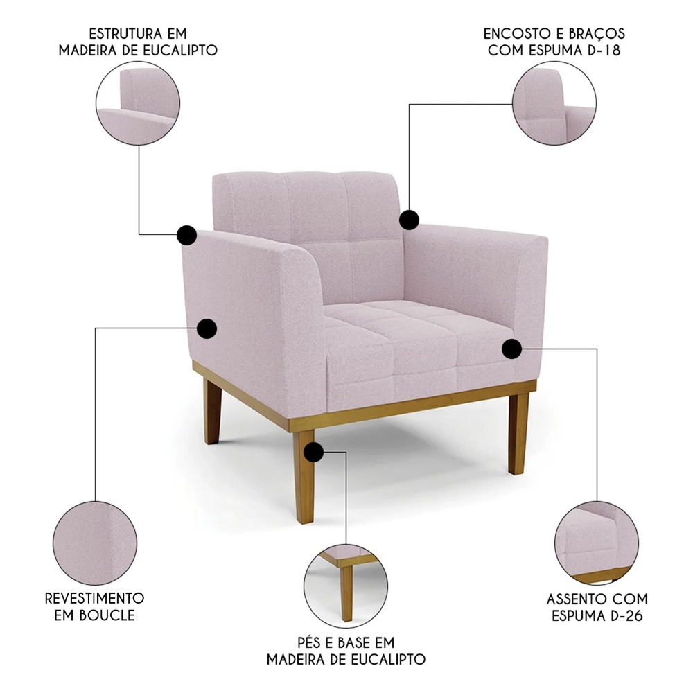 Poltrona Sala Base Madeira Castanho Kit 2 Ana Boucle Rosê - Ibiza