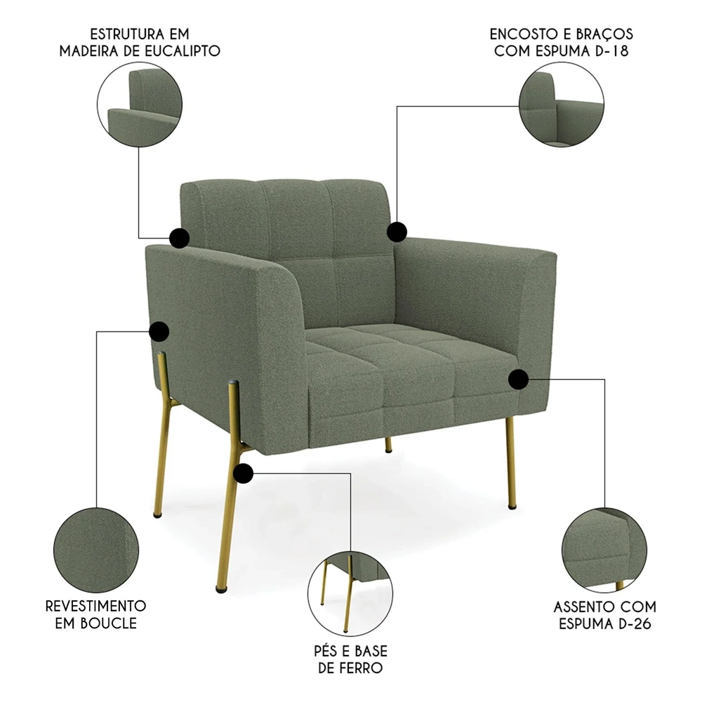 Poltrona Para Sala Pés Metálicos Dourado Ana Boucle Menta - Ibiza