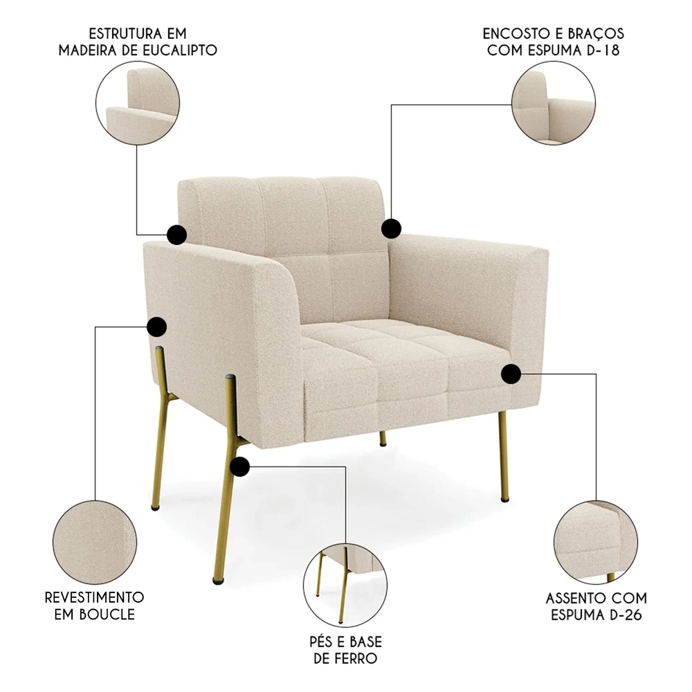 Poltrona Para Sala Pé Metal Dourado Kit 2 Ana Boucle Bege - Ibiza