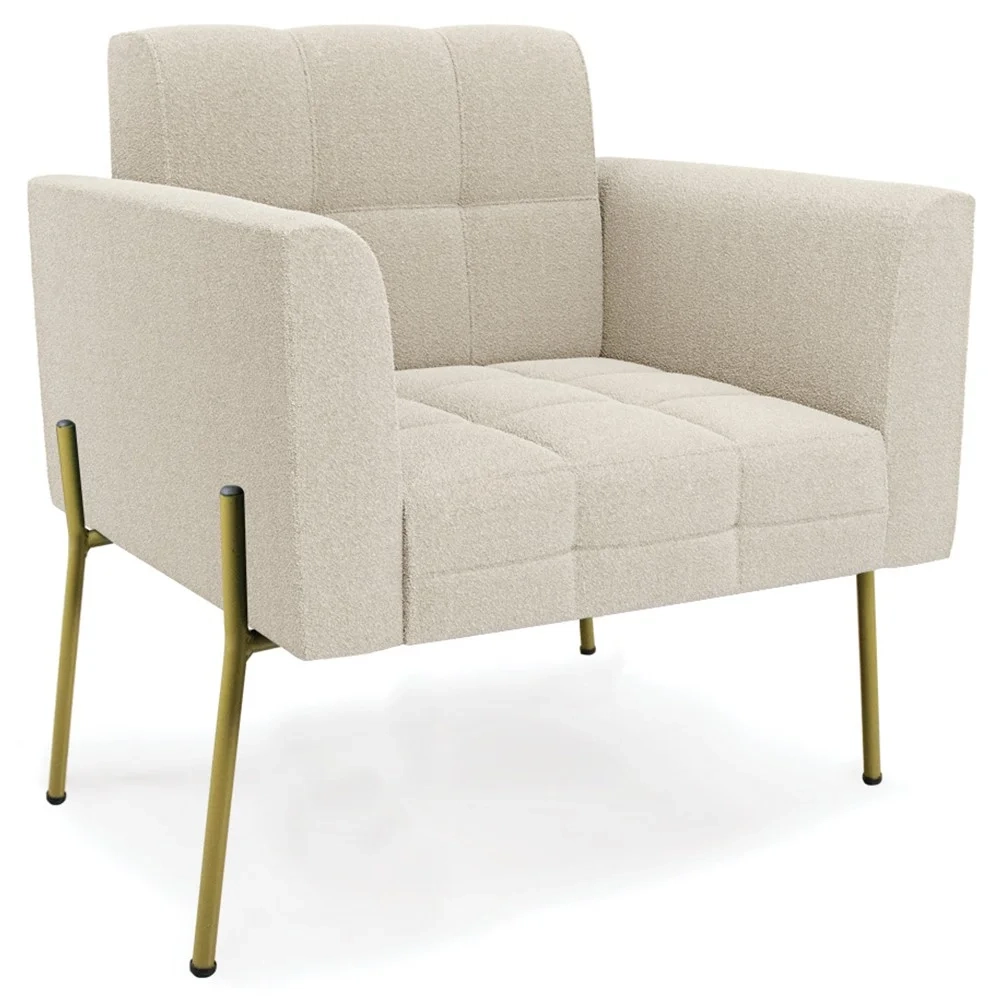 Poltrona Para Sala Pé Metal Dourado Kit 2 Ana Boucle Bege - Ibiza