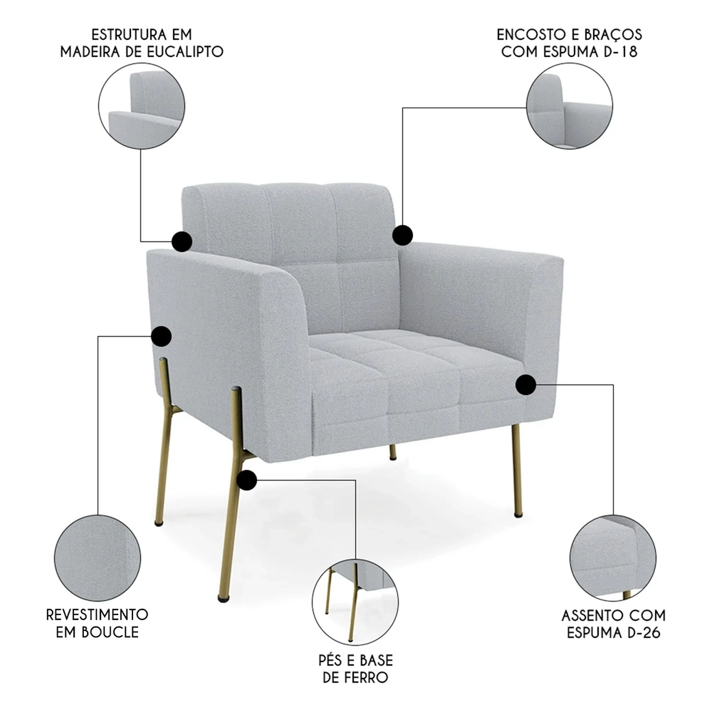 Poltrona Para Sala Pé Metal Dourado Kit 2 Ana Boucle Cinza - Ibiza