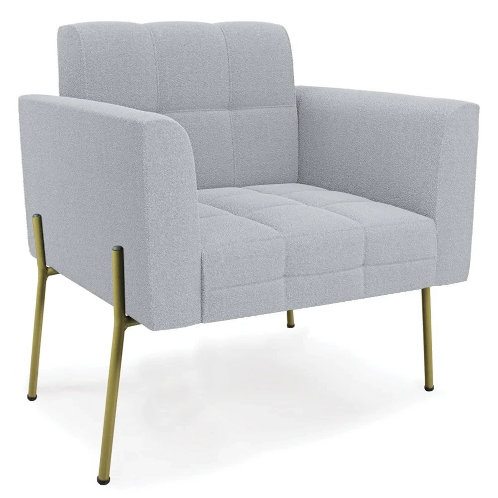 Poltrona Para Sala Pé Metal Dourado Kit 2 Ana Boucle Cinza - Ibiza