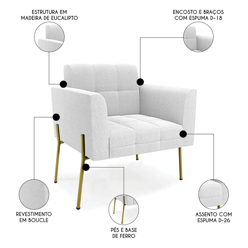 Poltrona Para Sala Pé Metal Dourado Kit 2 Ana Boucle Off - Ibiza