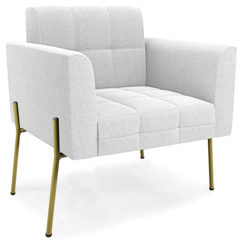 Poltrona Para Sala Pé Metal Dourado Kit 2 Ana Boucle Off - Ibiza