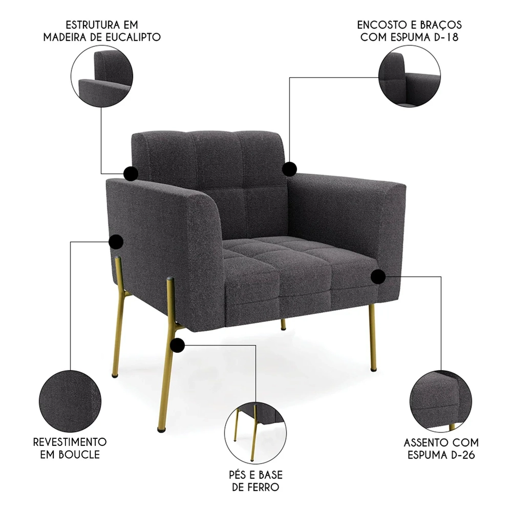 Poltrona Para Sala Pé Metal Dourado Kit 2 Ana Boucle Grafite - Ibiza