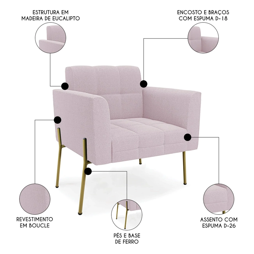 Poltrona Para Sala Pé Metal Dourado Kit 2 Ana Boucle Rosê - Ibiza