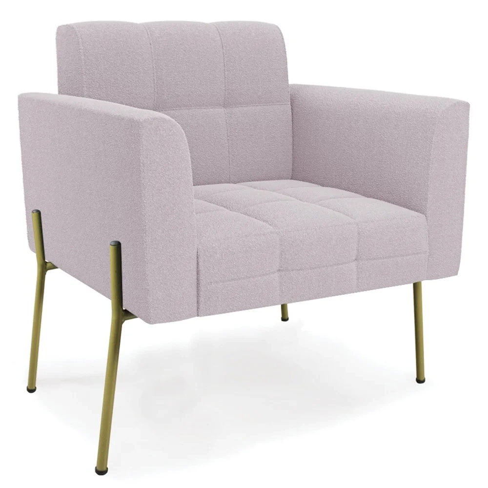 Poltrona Para Sala Pé Metal Dourado Kit 2 Ana Boucle Rosê - Ibiza