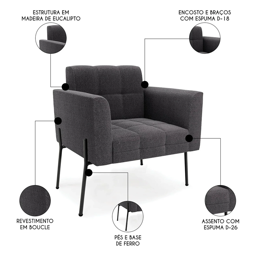 Poltrona Para Sala Pés Metálicos Preto Ana Boucle Grafite - Ibiza