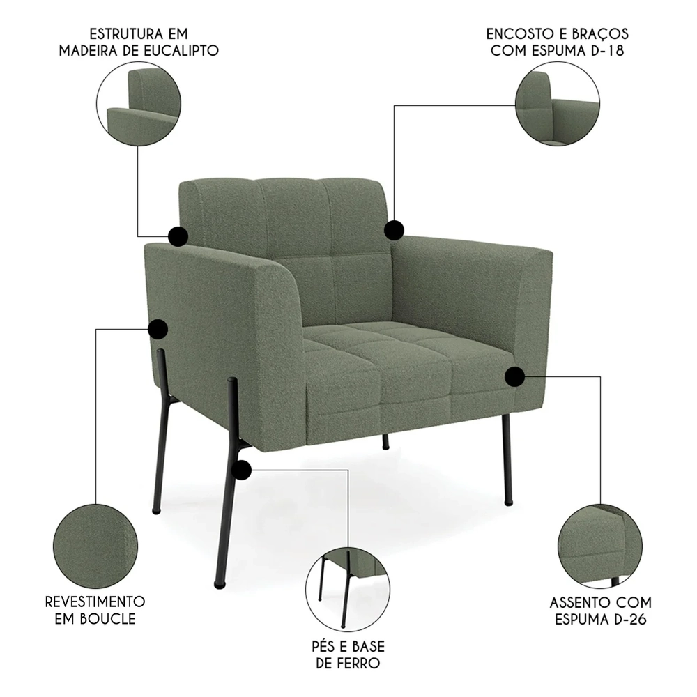 Poltrona Para Sala Pés Metálicos Preto Ana Boucle Menta - Ibiza