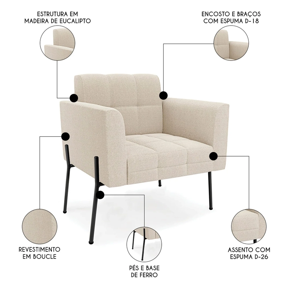 Poltrona Para Sala Pé Metal Preto Kit 2 Ana Boucle Bege - Ibiza