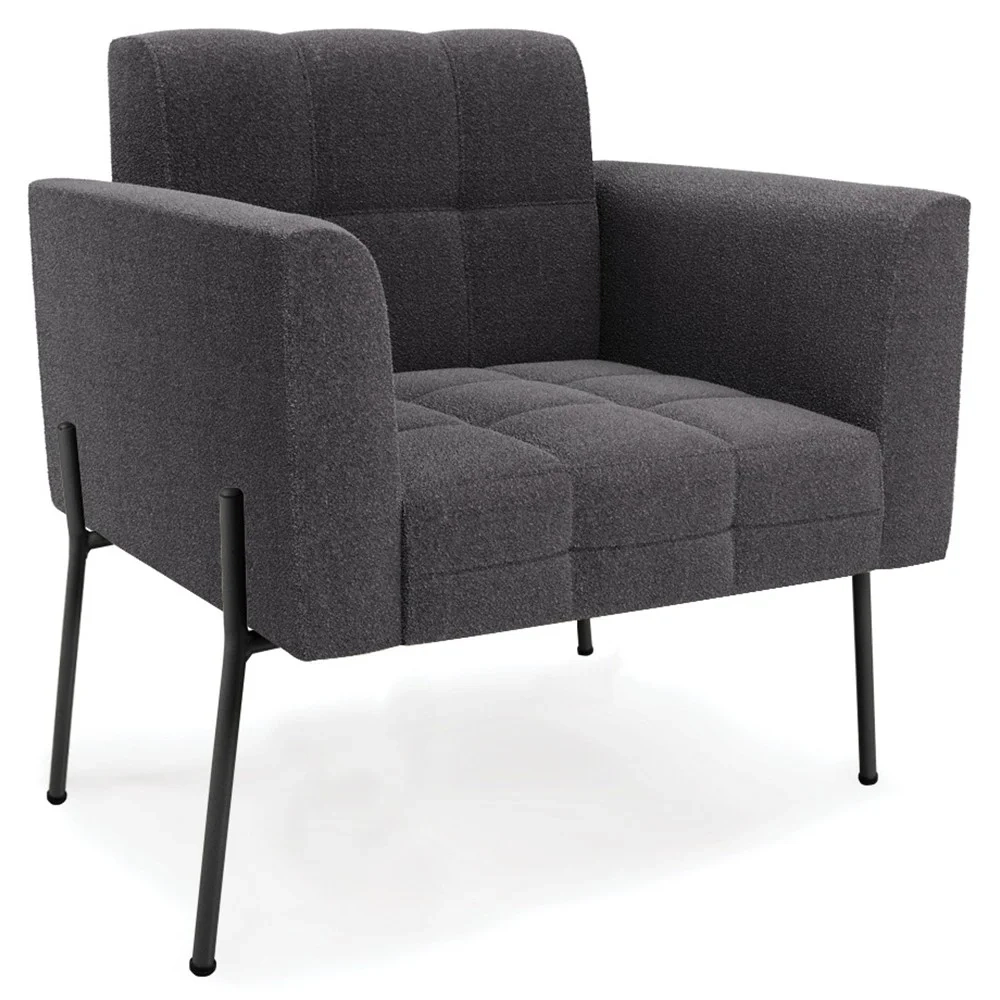 Poltrona Para Sala Pé Metal Preto Kit 2 Ana Boucle Grafite - Ibiza