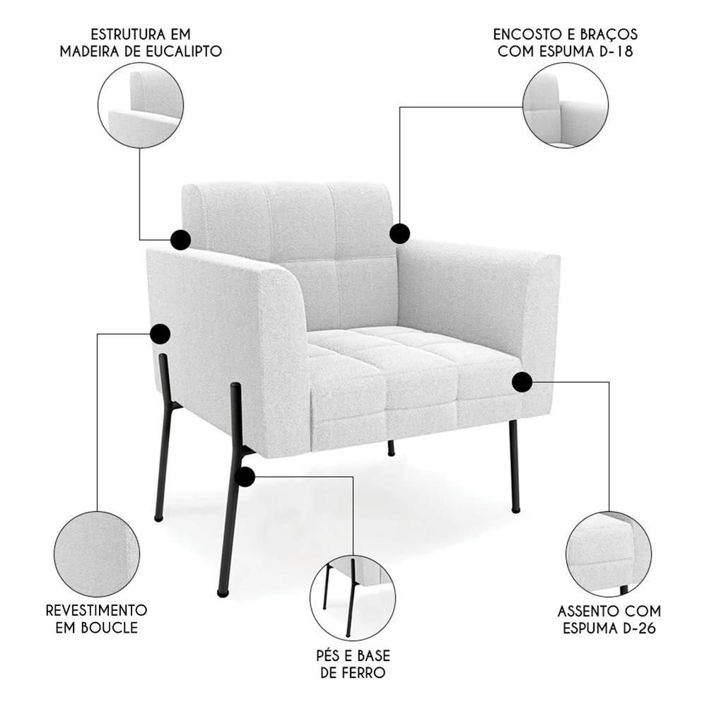 Poltrona Para Sala Pé Metal Preto Kit 2 Ana Boucle Off - Ibiza