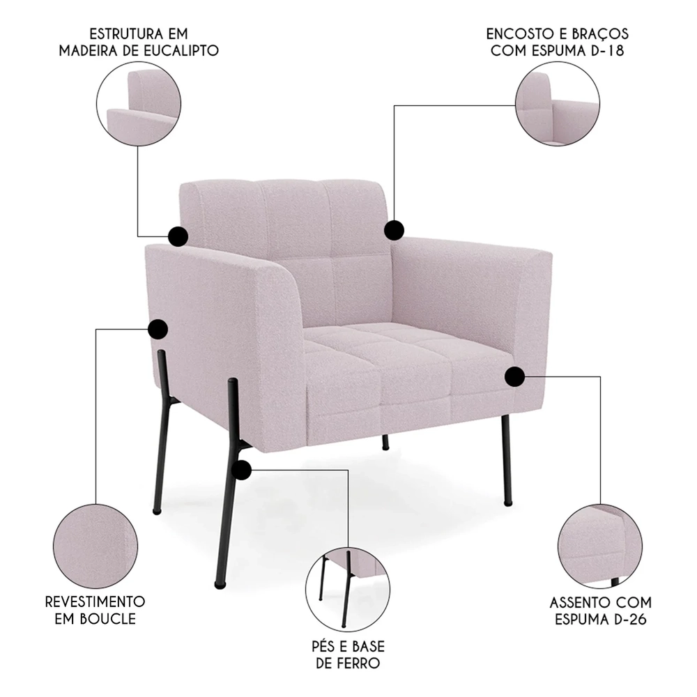 Poltrona Para Sala Pé Metal Preto Kit 2 Ana Boucle Rosê - Ibiza