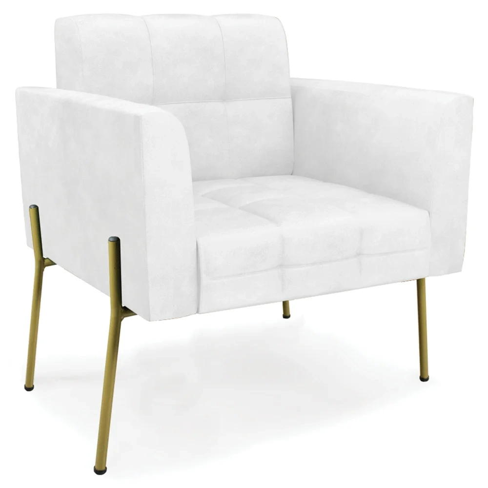 Poltrona Sala Pé Metal Dourado Kit 2 Ana Sintético PU Branco - Ibiza