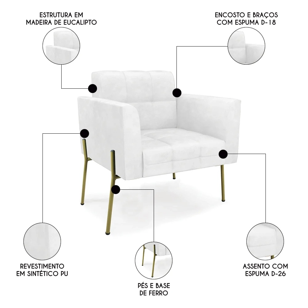 Poltrona Sala Pé Metal Dourado Kit 2 Ana Sintético PU Branco - Ibiza