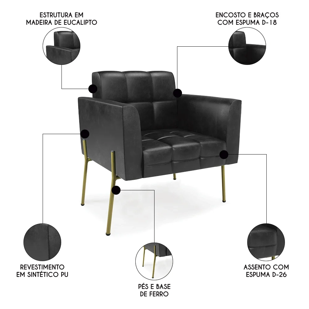 Poltrona Sala Pé Metal Dourado Kit 2 Ana Sintético PU Preto - Ibiza