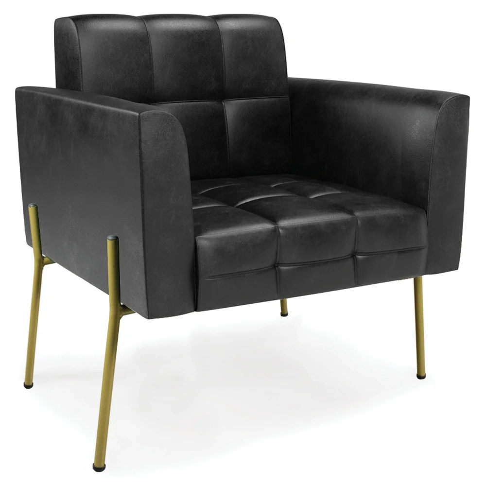 Poltrona Sala Pé Metal Dourado Kit 2 Ana Sintético PU Preto - Ibiza