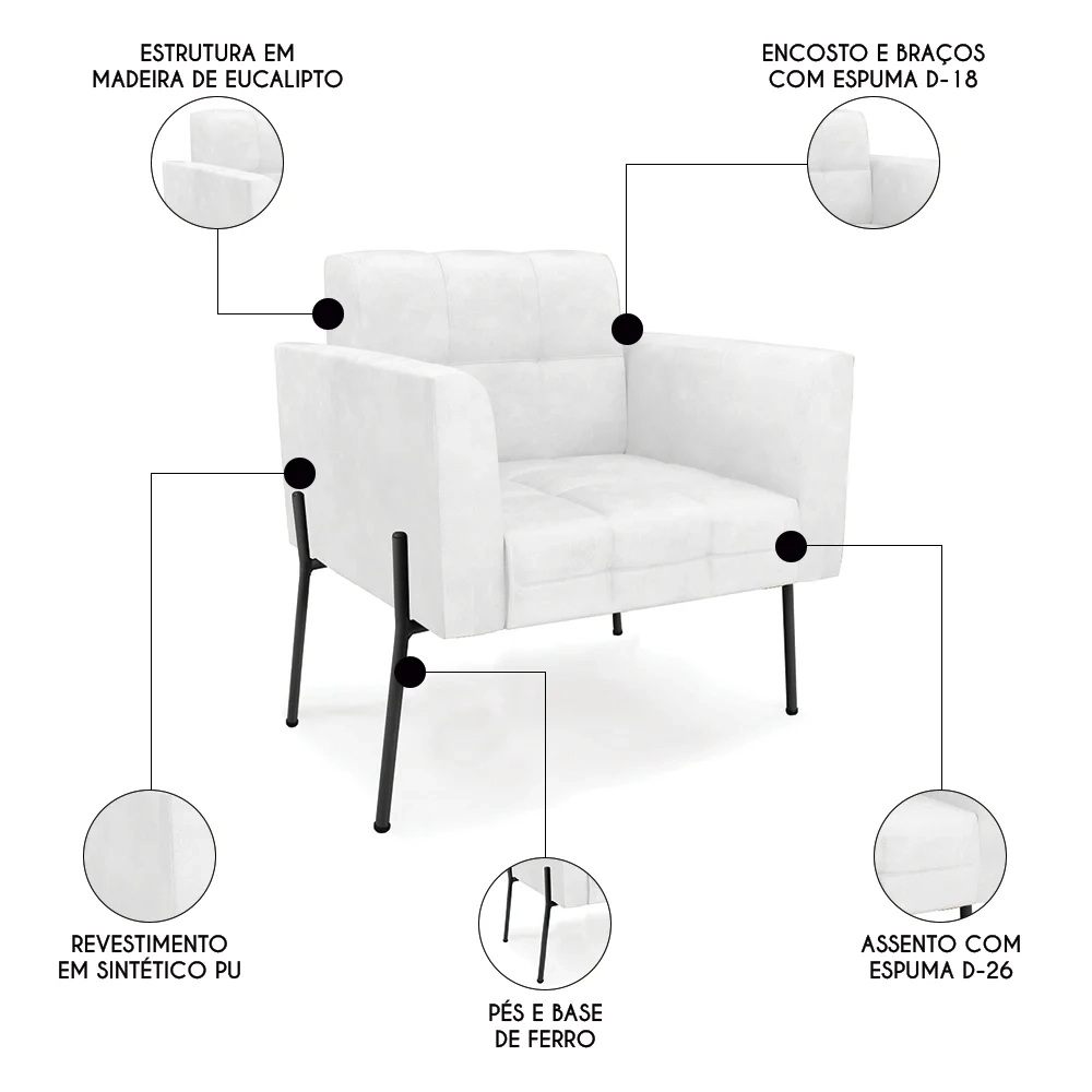 Poltrona Para Sala Pés Metálicos Preto Ana Sintético PU Branco - Ibiza