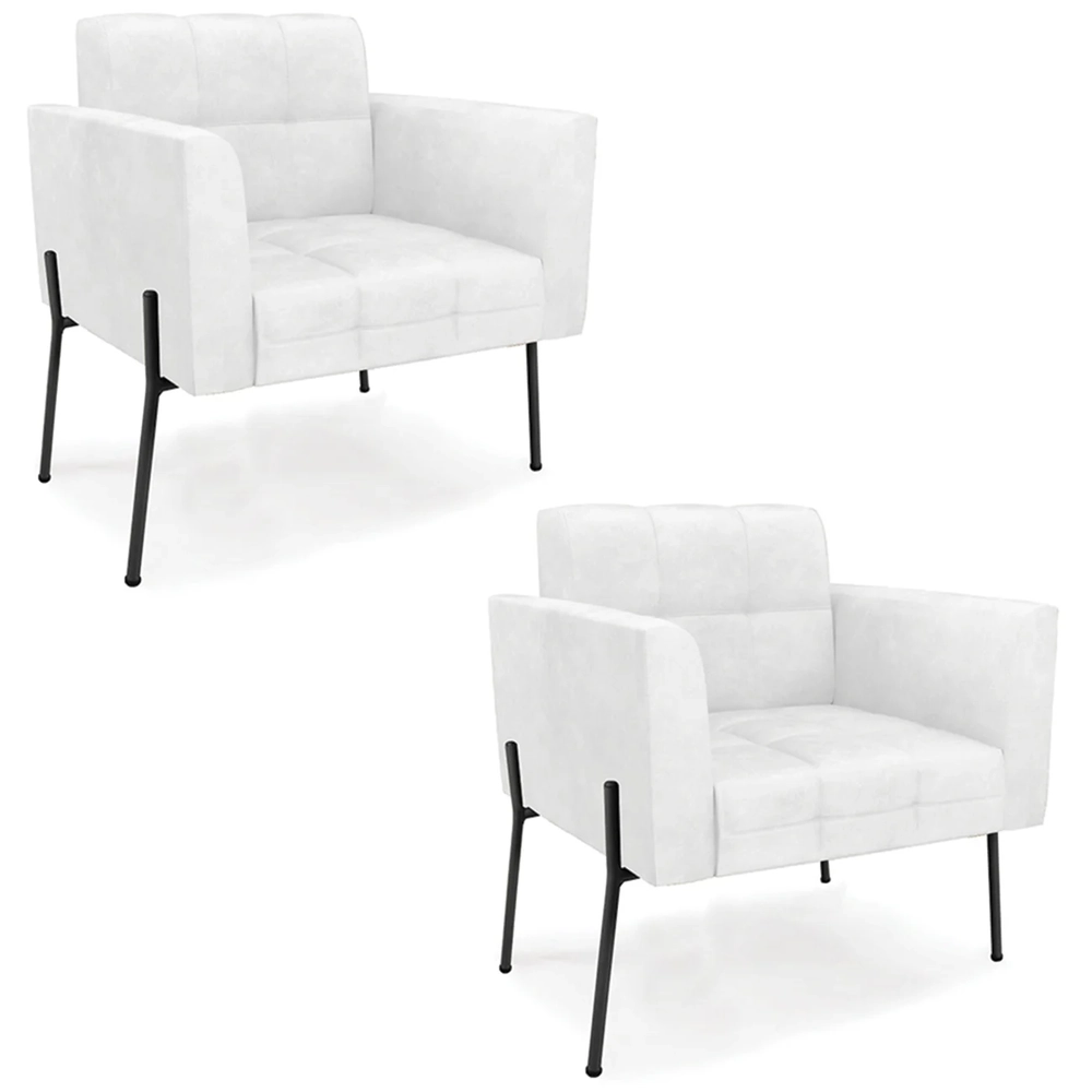 Poltrona Sala Pé Metal Preto Kit 2 Ana Sintético PU Branco - Ibiza