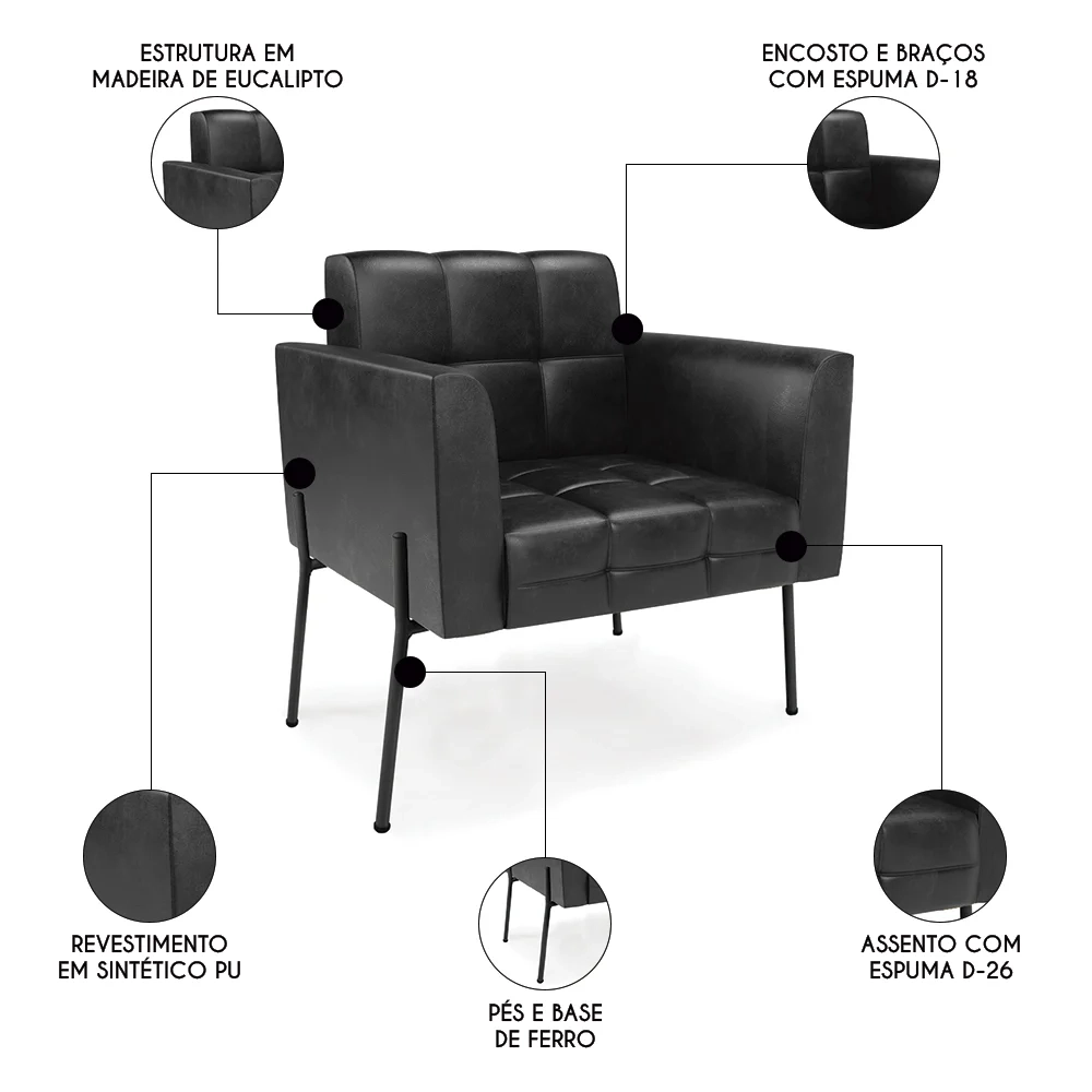 Poltrona Para Sala Pés Metálicos Preto Ana Sintético PU Preto - Ibiza