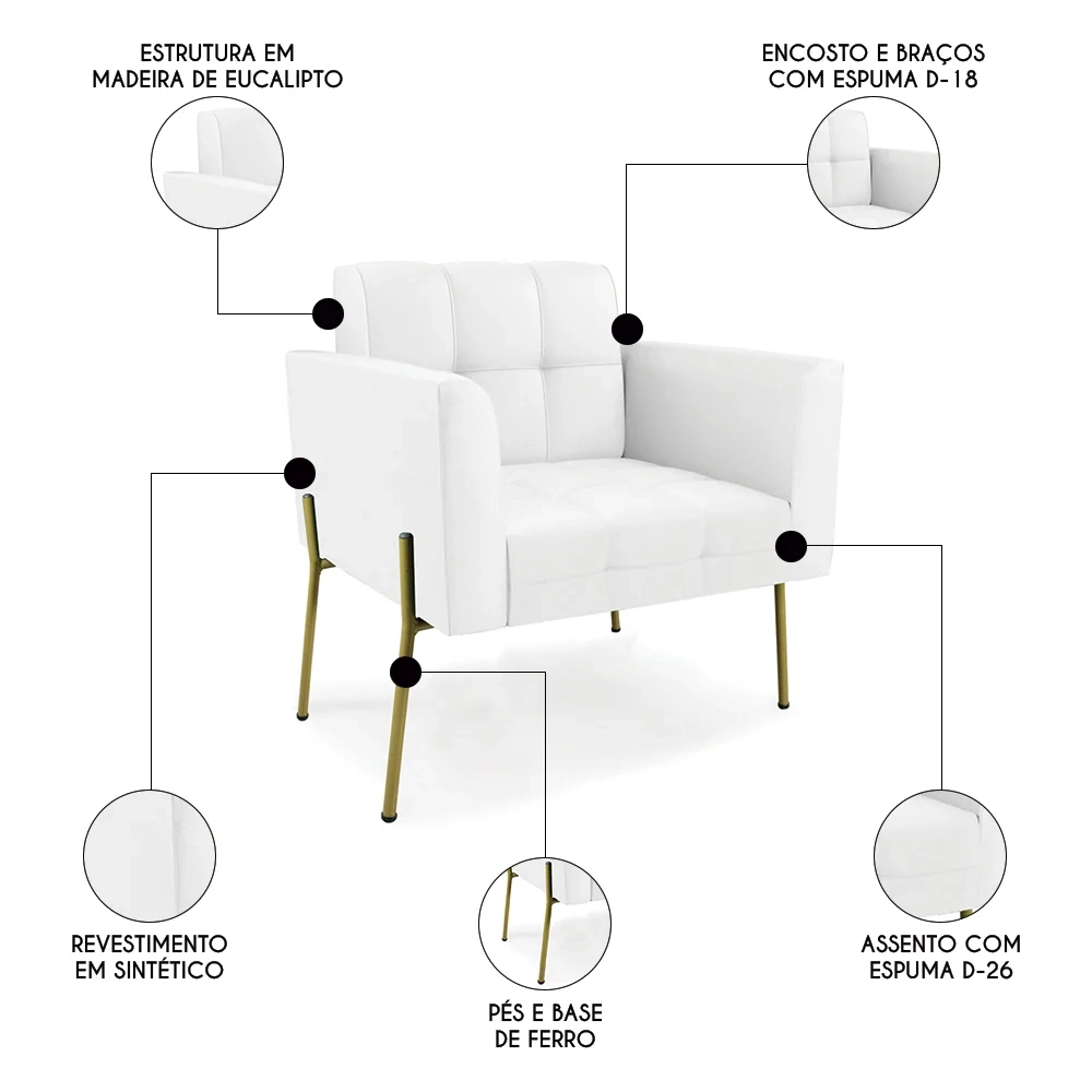 Poltrona Para Sala Pés Metálicos Dourado Ana Sintético Branco - Ibiza