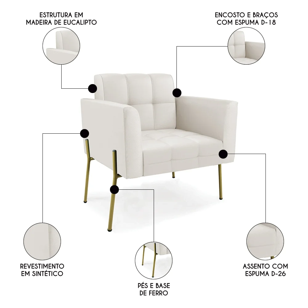 Poltrona Sala Pé Metal Dourado Kit 2 Ana Sintético Bege - Ibiza