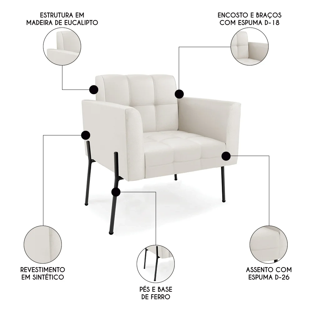 Poltrona Sala Pé Metal Preto Kit 2 Ana Sintético Bege - Ibiza