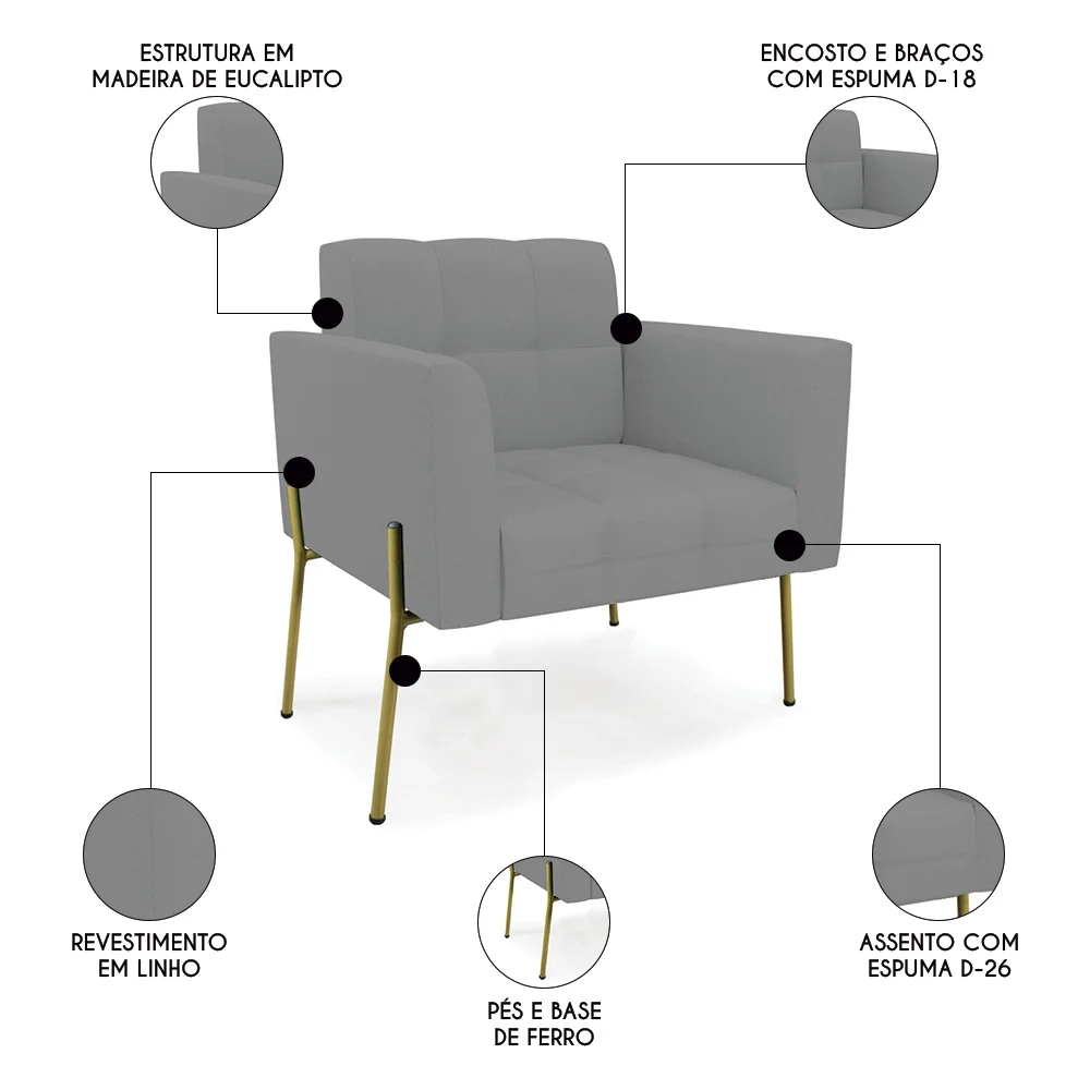 Poltrona Para Sala Pés Metálicos Dourado Ana Linho Grafite - Ibiza