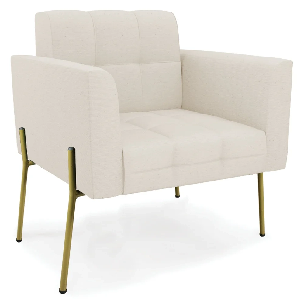 Poltrona Para Sala Pé Metal Dourado Kit 2 Ana Linho Bege - Ibiza