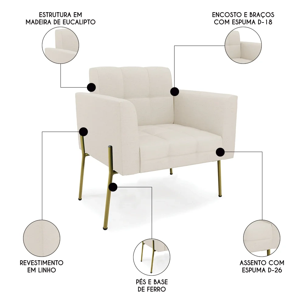 Poltrona Para Sala Pé Metal Dourado Kit 2 Ana Linho Bege - Ibiza