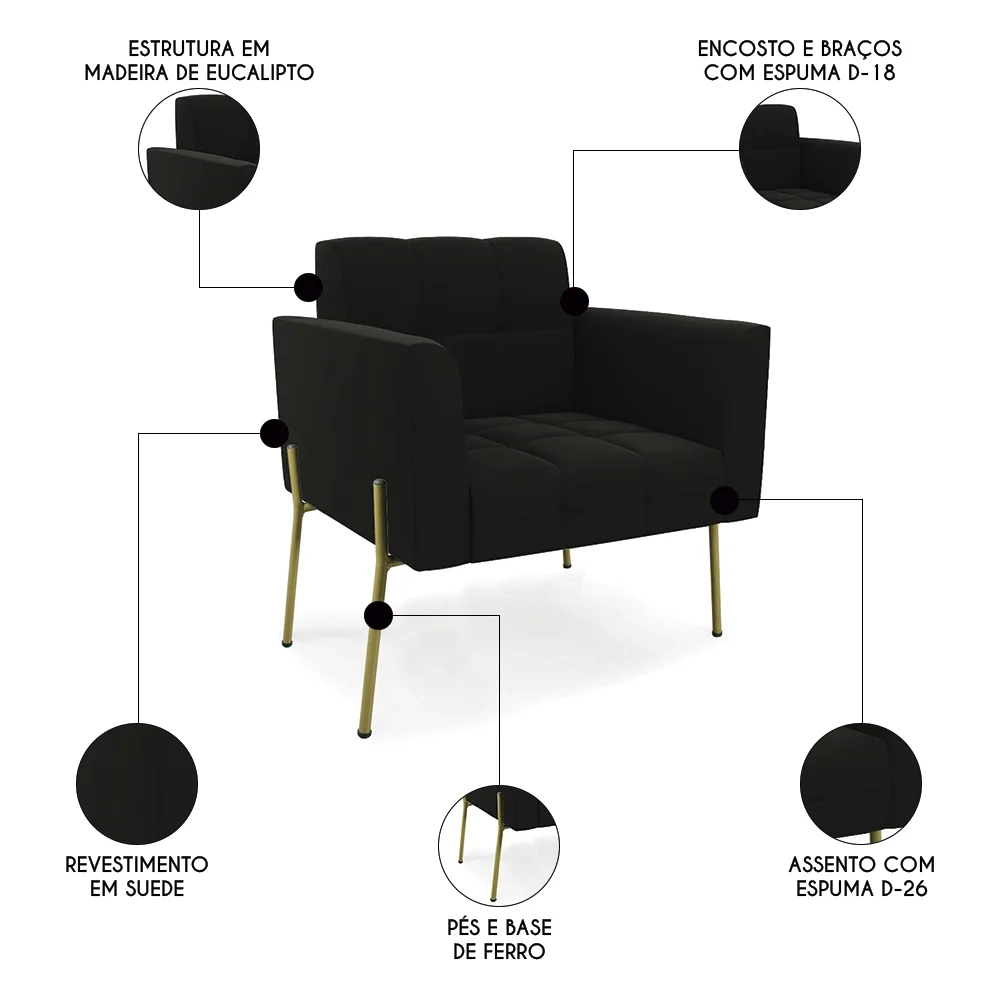 Poltrona Sala Pés Metálicos Dourado Ana Suede Preto - Ibiza