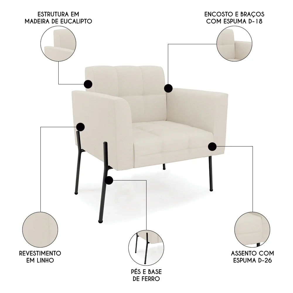Poltrona Para Sala Pé Metal Preto Kit 2 Ana Linho Bege - Ibiza