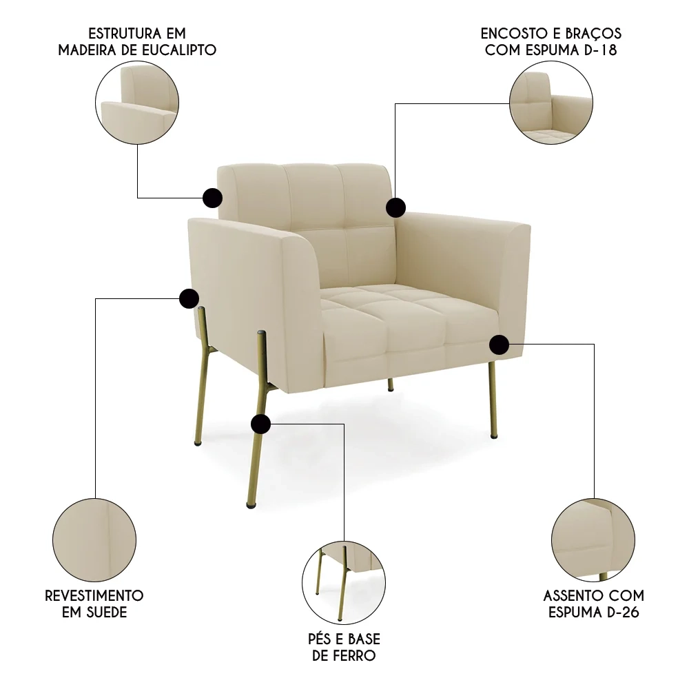 Poltrona Para Sala Pé Metal Dourado Kit 2 Ana Suede Bege - Ibiza