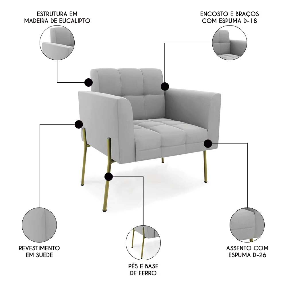 Poltrona Para Sala Pé Metal Dourado Kit 2 Ana Suede Cinza - Ibiza