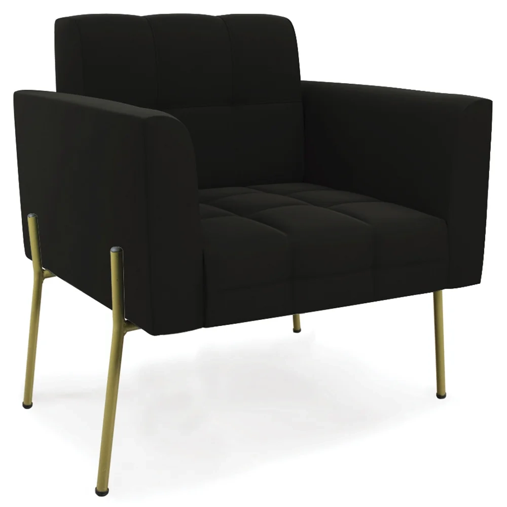 Poltrona Para Sala Pé Metal Dourado Kit 2 Ana Suede Preto - Ibiza