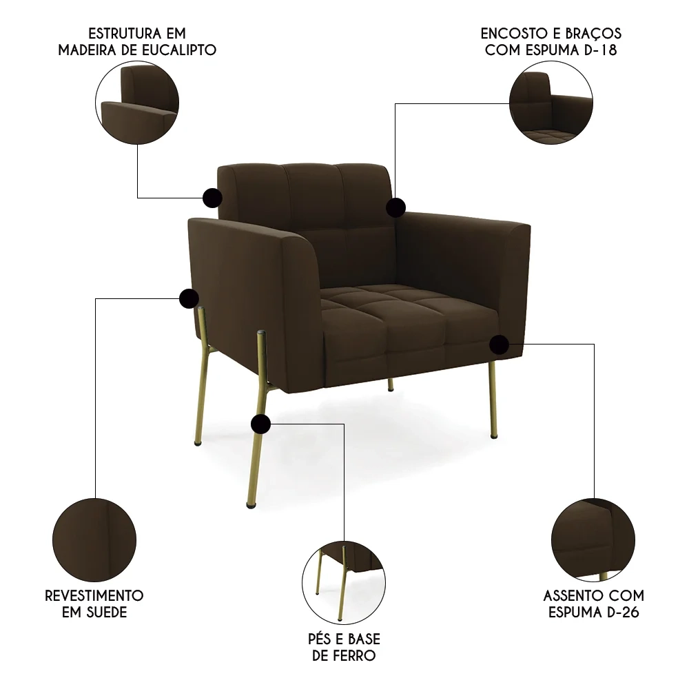 Poltrona Para Sala Pé Metal Dourado Kit 2 Ana Suede Marrom - Ibiza