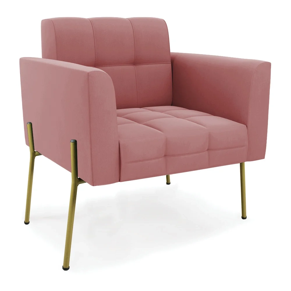 Poltrona Para Sala Pé Metal Dourado Kit 2 Ana Suede Rosê - Ibiza