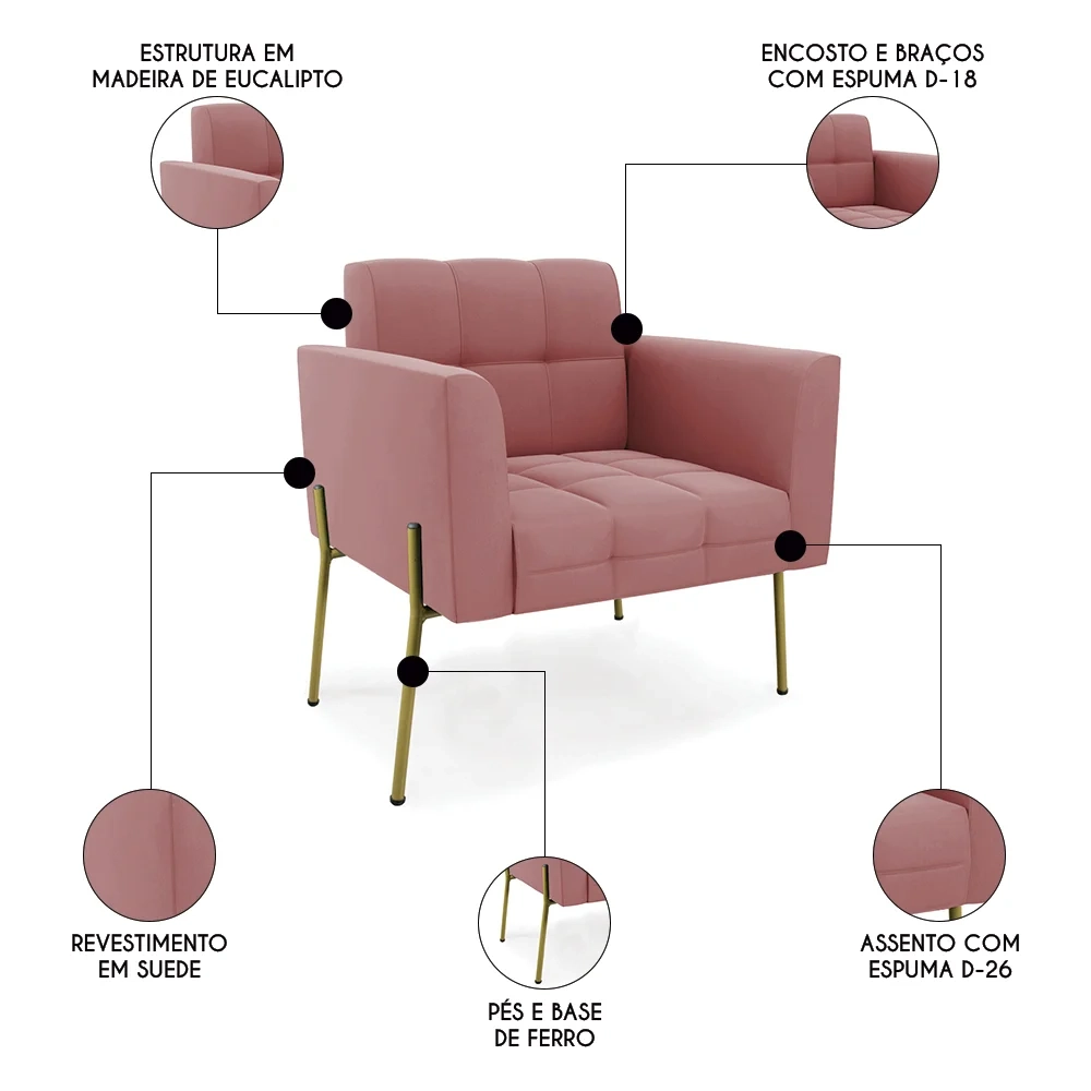 Poltrona Para Sala Pé Metal Dourado Kit 2 Ana Suede Rosê - Ibiza