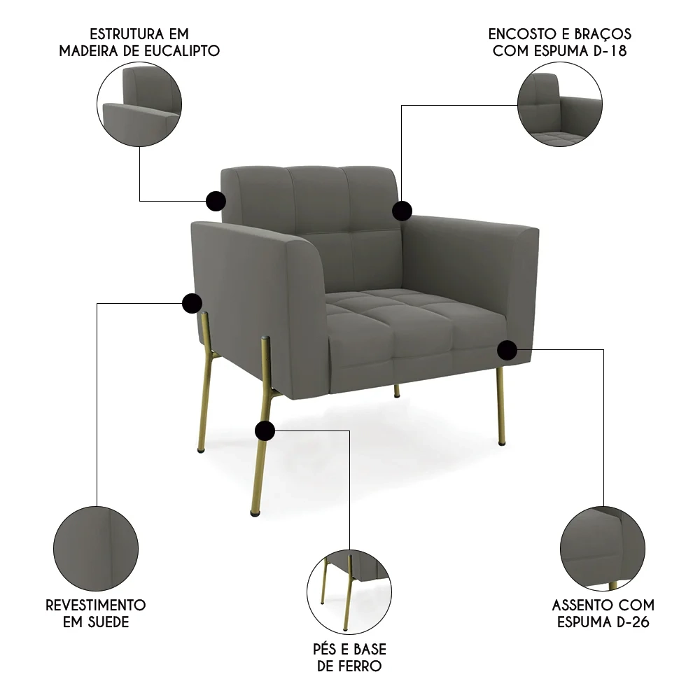 Poltrona Para Sala Pé Metal Dourado Kit 2 Ana Suede Grafite - Ibiza