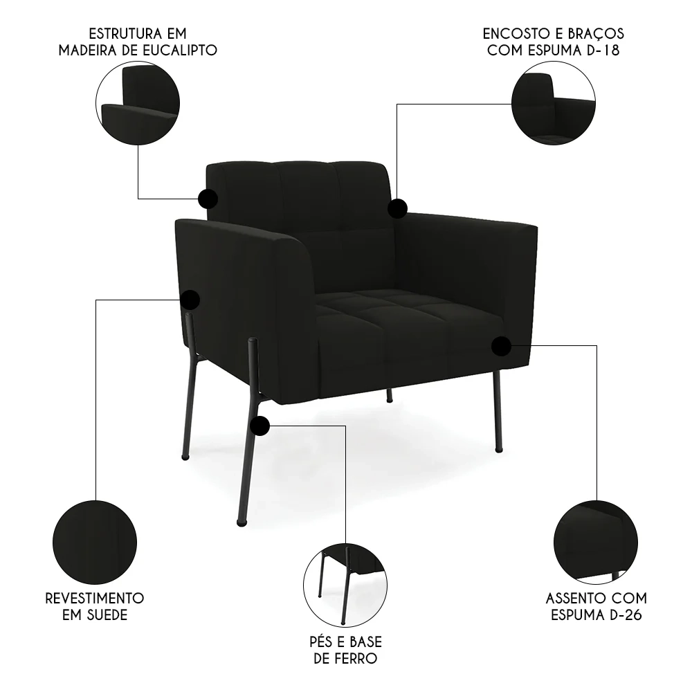 Poltrona Para Sala Pés Metálicos Preto Ana Suede Preto - Ibiza