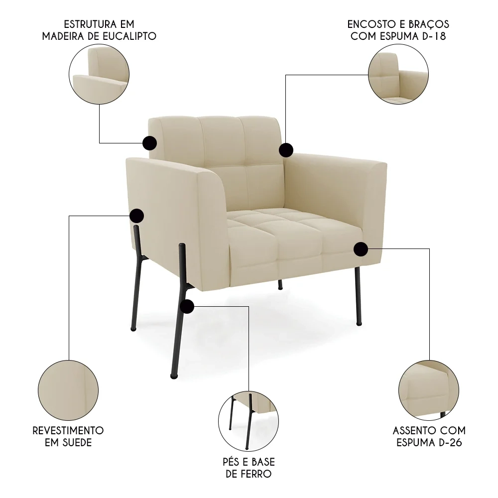 Poltrona Para Sala Pé Metal Preto Kit 2 Ana Suede Bege - Ibiza