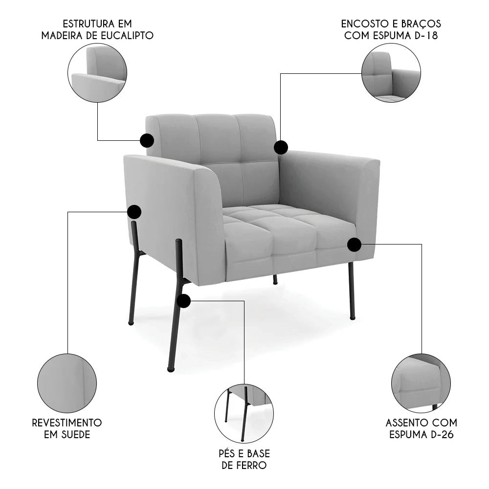 Poltrona Para Sala Pé Metal Preto Kit 2 Ana Suede Cinza - Ibiza