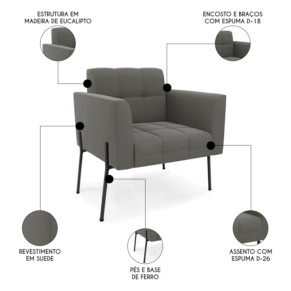 Poltrona Para Sala Pé Metal Preto Kit 2 Ana Suede Grafite - Ibiza