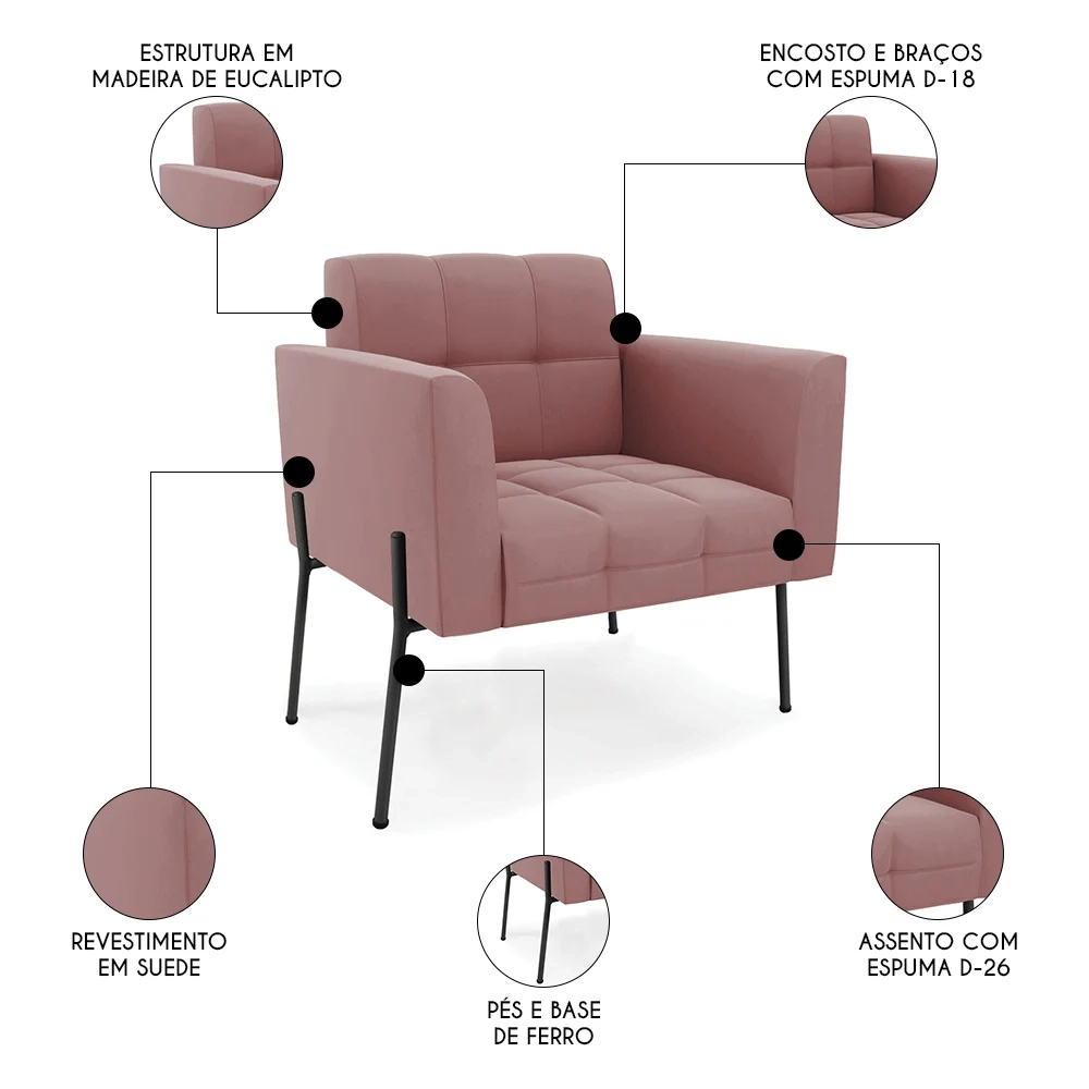 Poltrona Para Sala Pé Metal Preto Kit 2 Ana Suede Rosê - Ibiza