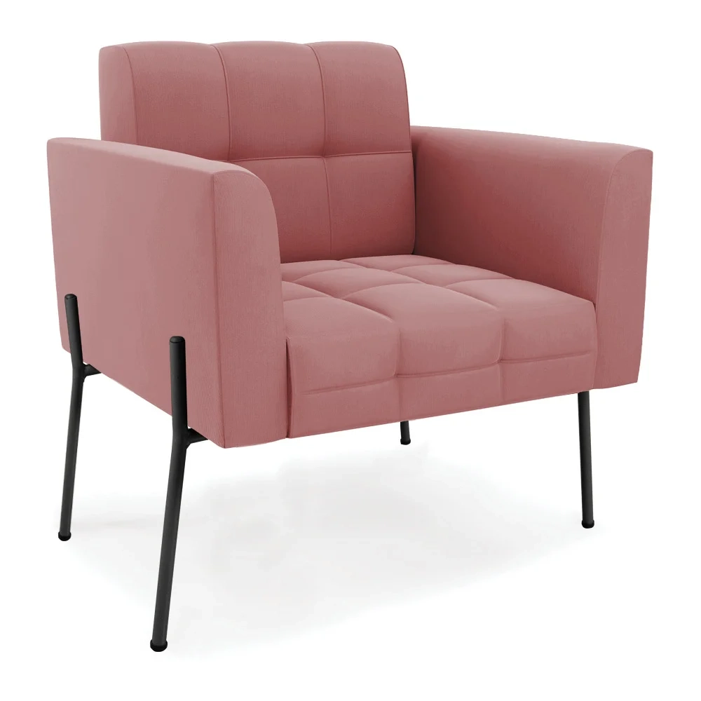 Poltrona Para Sala Pé Metal Preto Kit 2 Ana Suede Rosê - Ibiza