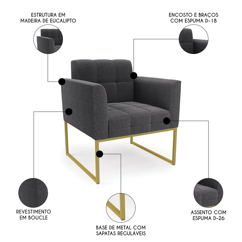 Poltrona Para Sala Base Industrial Dourado Ana Boucle Grafite - Ibiza